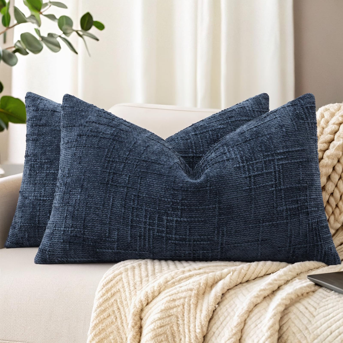 decorUhome Textured Chenille Throw Pillow Covers 18x18 Set of 2 Cream White