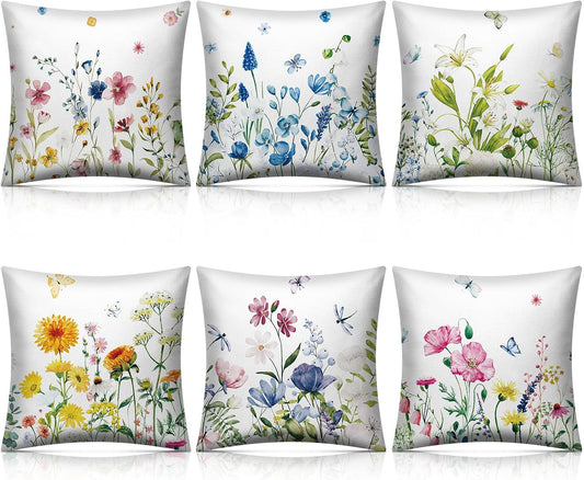 Preboun 6 Pcs Wildflowers Spring Throw Pillow Covers Set Inch Flower Floral Pillow Covers Cushion Cases Pillowcase for Living Room Sofa Couch Bed Car Home Decor(18 x 18 Inch)