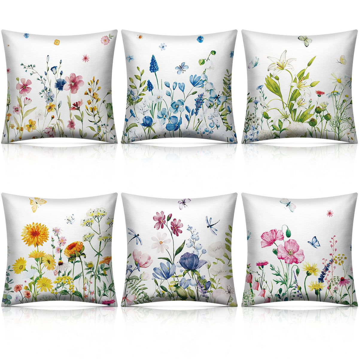 Preboun 6 Pcs Wildflowers Spring Throw Pillow Covers Set Inch Flower Floral Pillow Covers Cushion Cases Pillowcase for Living Room Sofa Couch Bed Car Home Decor(18 x 18 Inch)