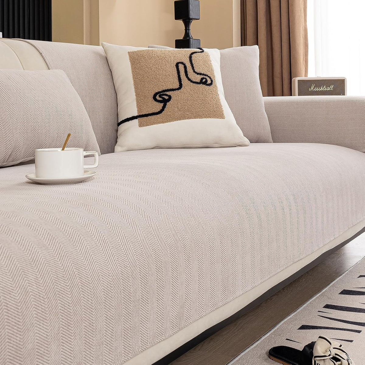 Chenille Sectional Sofa Covers Herringbone Washable Funny Fuzzy Non-Slip Protector for L-Shaped (Beige Brown, 36"x 83")