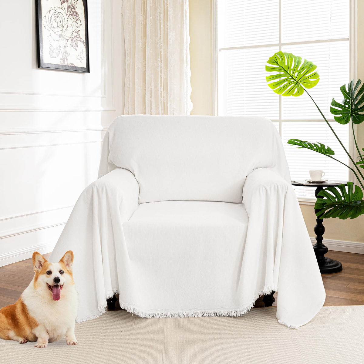 MYSKY HOME Couch Cover for Dogs, Washable Couch Covers, Non Slip Couch Sofa Cover, Couch Cover 2 Cushion Sofa Dogs Furniture Protector with Tassels Chenille Sofa Covers for Pets, 71"x118", Moss Green