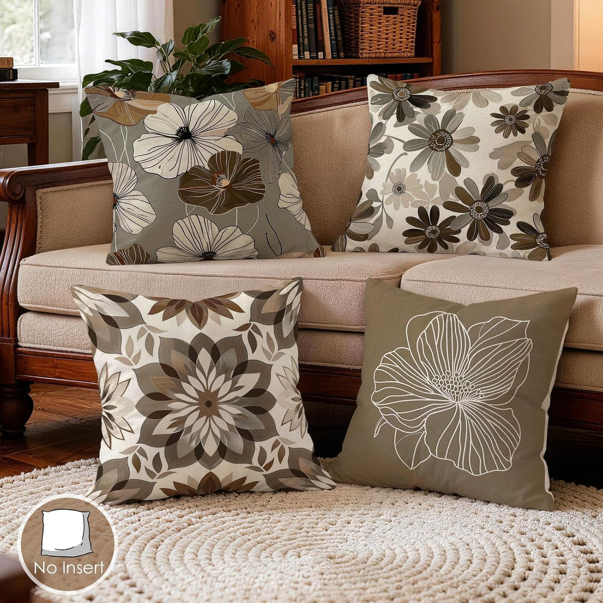 OBSEDE Rustic Neutral Boho Floral Throw Pillow Covers 18x18 Inch Set of 4