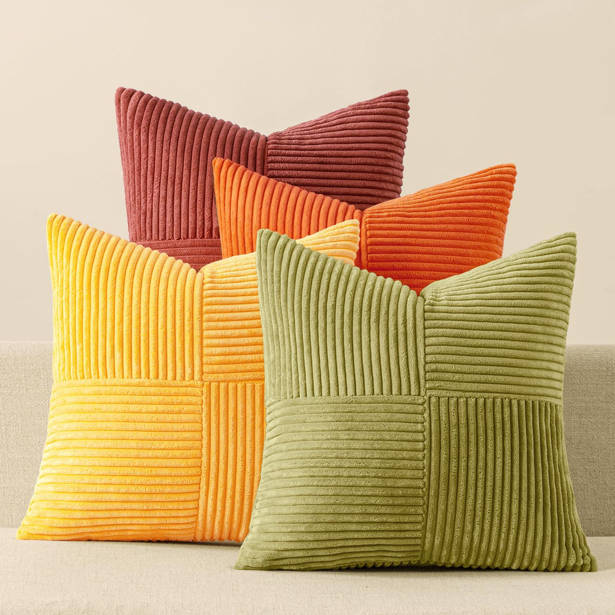 MIULEE Spring Green Decorative Throw Pillow Covers 18x18 Inch Set of 4 Boho Farmhouse Cushion Covers Mordern Nordic Pillow Cases Soft Corduroy Gradient Home Decor for Couch Sofa Living Room Bed
