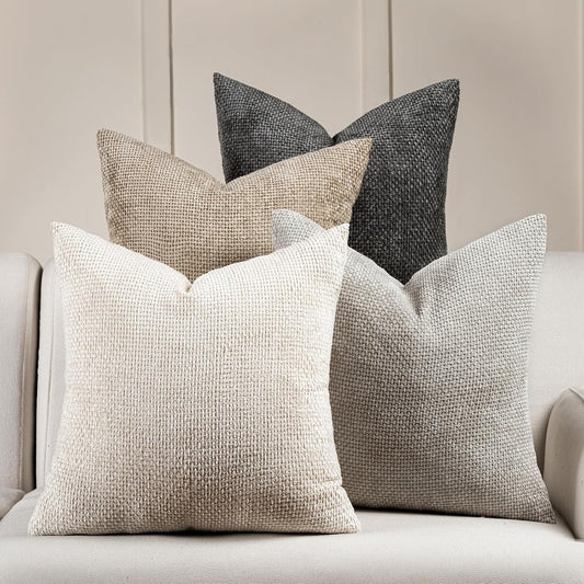 Volcanics Boho Throw Pillow Covers 18x18 Set of 4, Neutral Chenille Decorative Cushion Covers for Couch, Sofa, Bedroom, Living Room, Farmhouse & Mid-Century Modern Home Decor