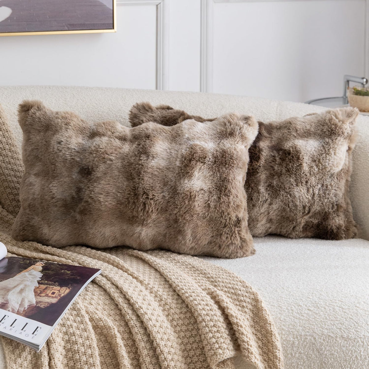 MADIZZ Pack of 2 Thick Plush Faux Wool Throw Pillow Covers Soft Boho Throw Pillows Luxurious Cushion Covers for Couch Sofa Bedroom Living Room Home Decor 18x18 Inch Cream