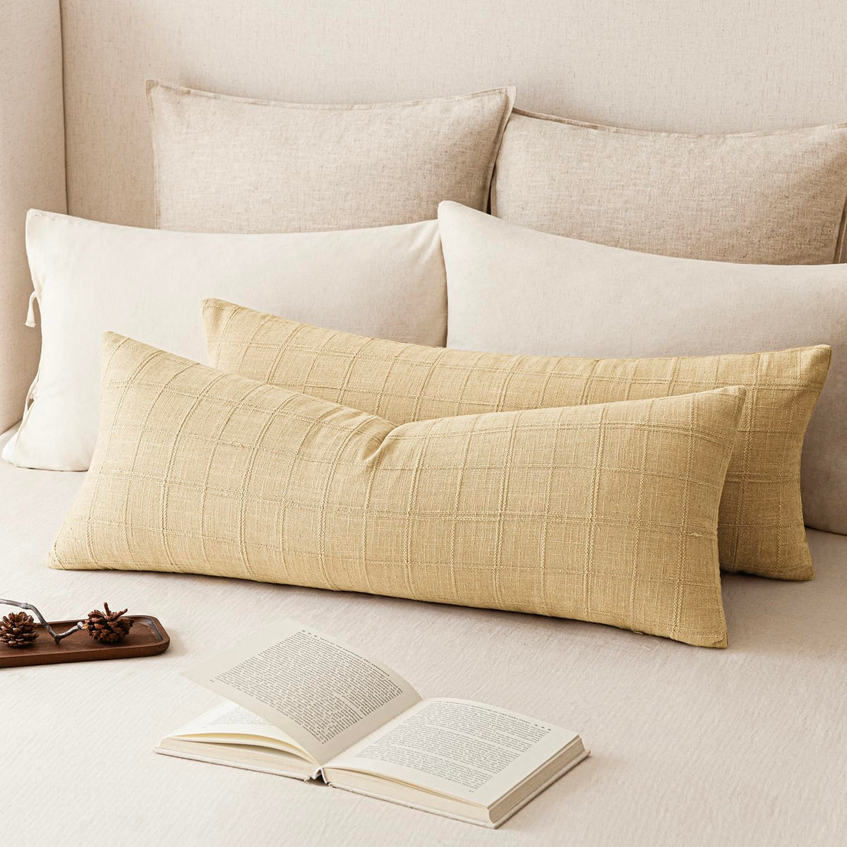 Foindtower Linen Check Decorative Throw Pillow Covers 18×18 Natural Beige