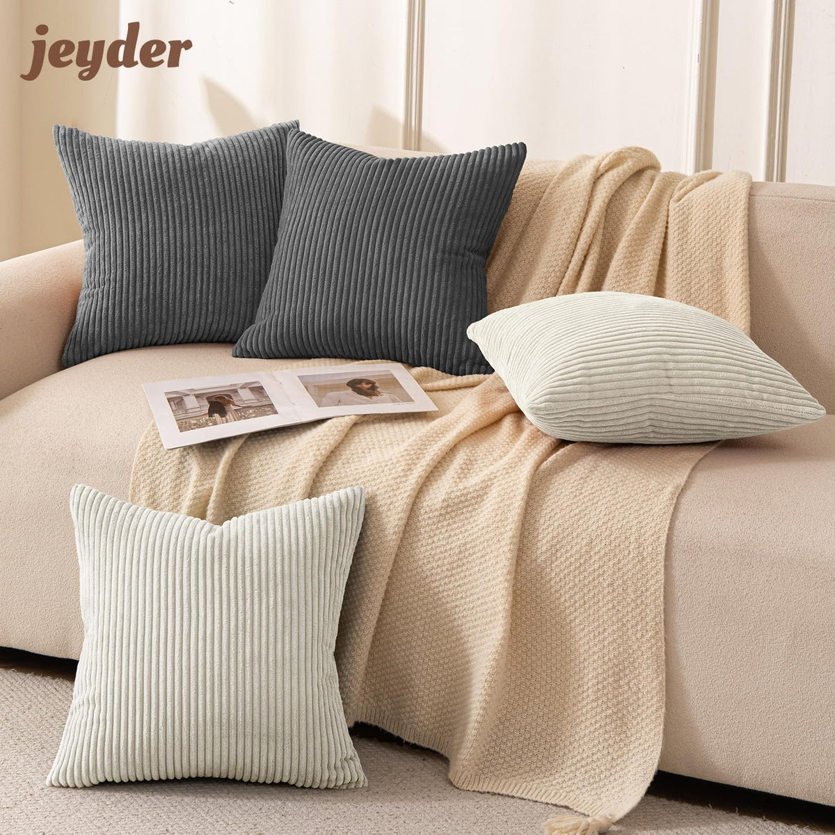 JEYDER Soft Corduroy Throw Pillow Covers 18x18 Fall Green Boho Accent Decor
