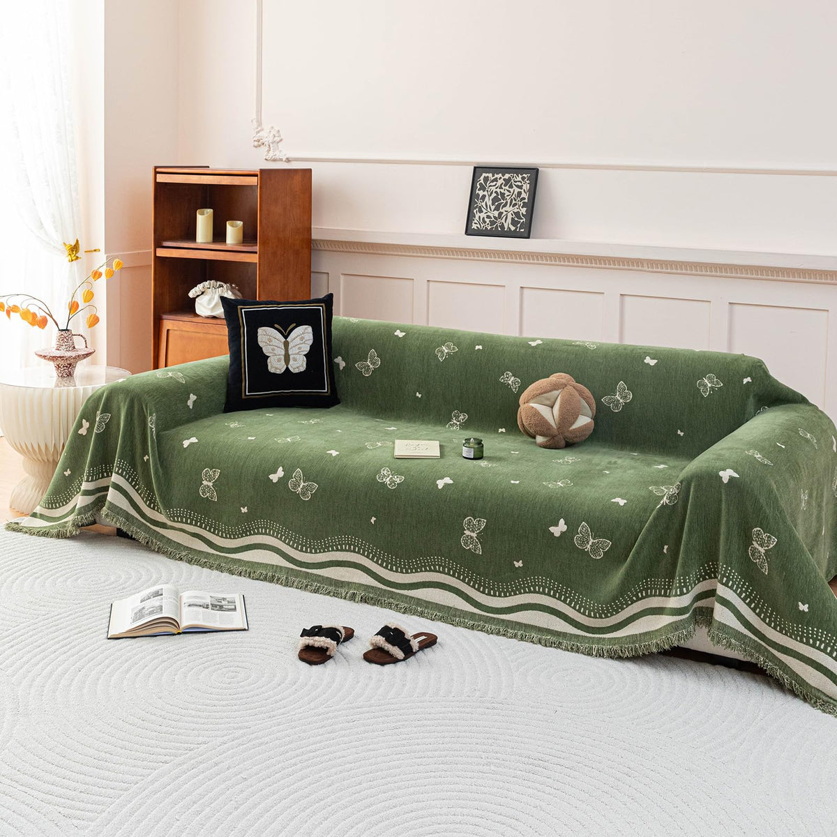 DREAMINGO Green Floral Couch Cover Farmhouse Botanical Jacquard Sofa Covers for 2 Cushion Couch Cozy Chenille Living Room Furniture Loveseat Sectional Sofa Slipcovers Washable, Large 71"x118"
