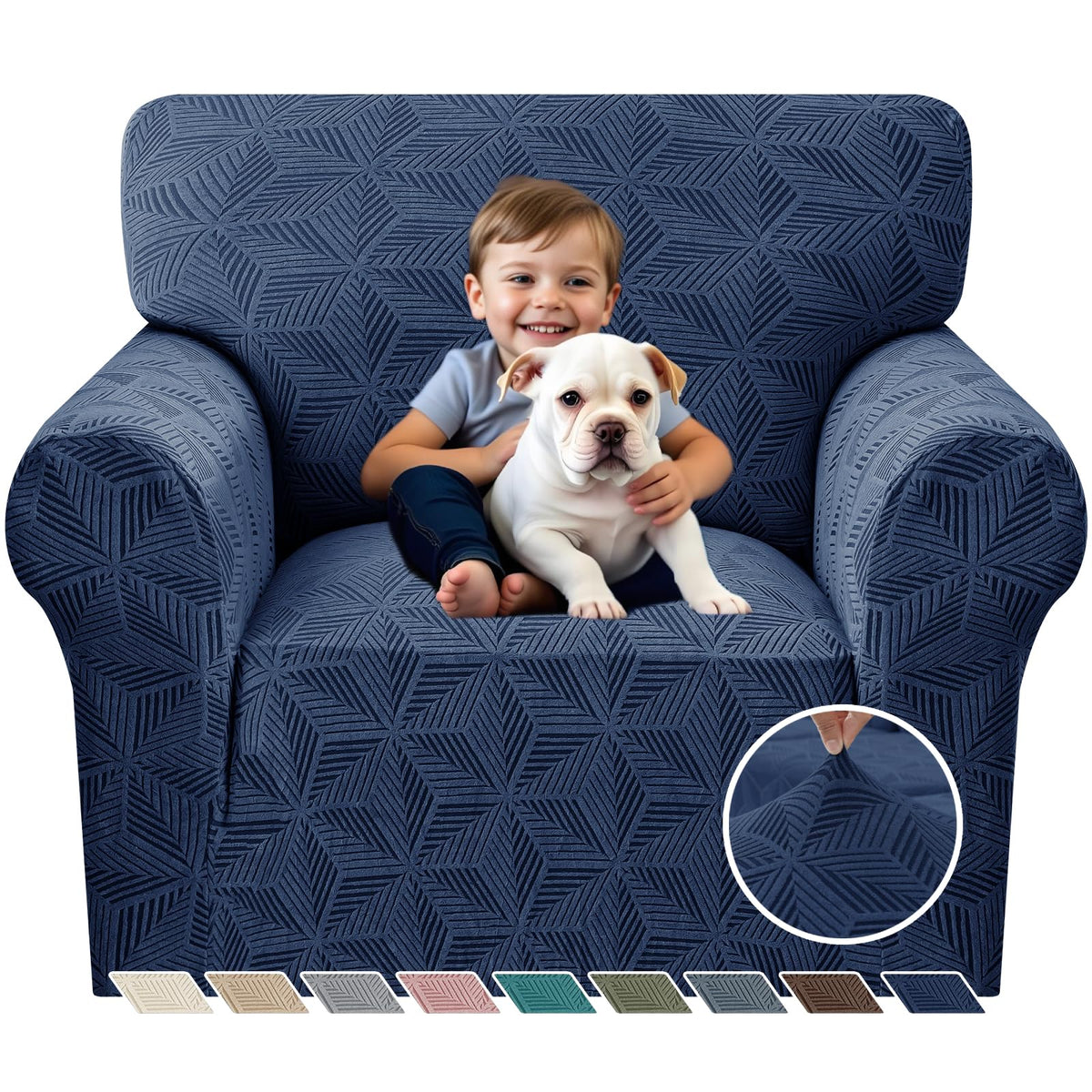 YEMYHOM 1 Piece Stretch Couch Covers for 3 Cushion Couch, Jacquard Sofa Cover with Non-Slip Elastic Bottom, Thickened Slipcover Furniture Protector for Dogs Pets (Large, Navy）