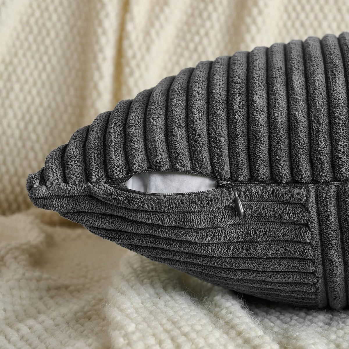 Fancy Homi Set of 2 Dark Gray Boho Decorative Throw Pillow Covers 18x18 Inch for Living Room Bedroom Couch Bed Sofa, Modern Farmhouse Home Decor, Soft Striped Plaid Corduroy Accent Cushion Case