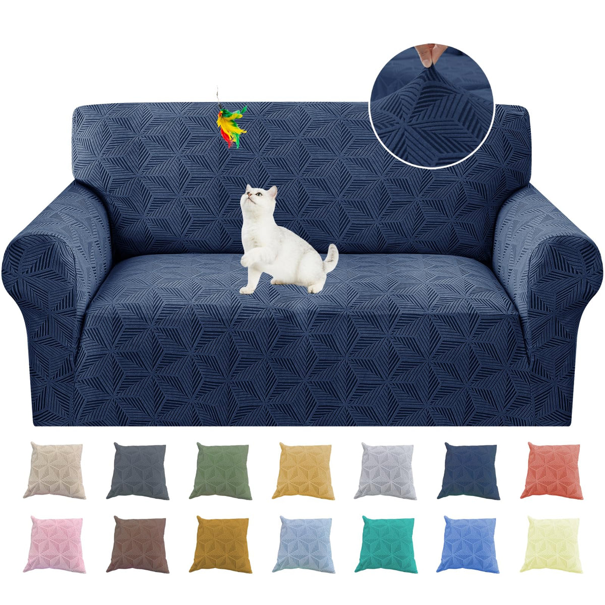 YEMYHOM 1 Piece Stretch Couch Covers for 3 Cushion Couch, Jacquard Sofa Cover with Non-Slip Elastic Bottom, Thickened Slipcover Furniture Protector for Dogs Pets (Large, Navy）