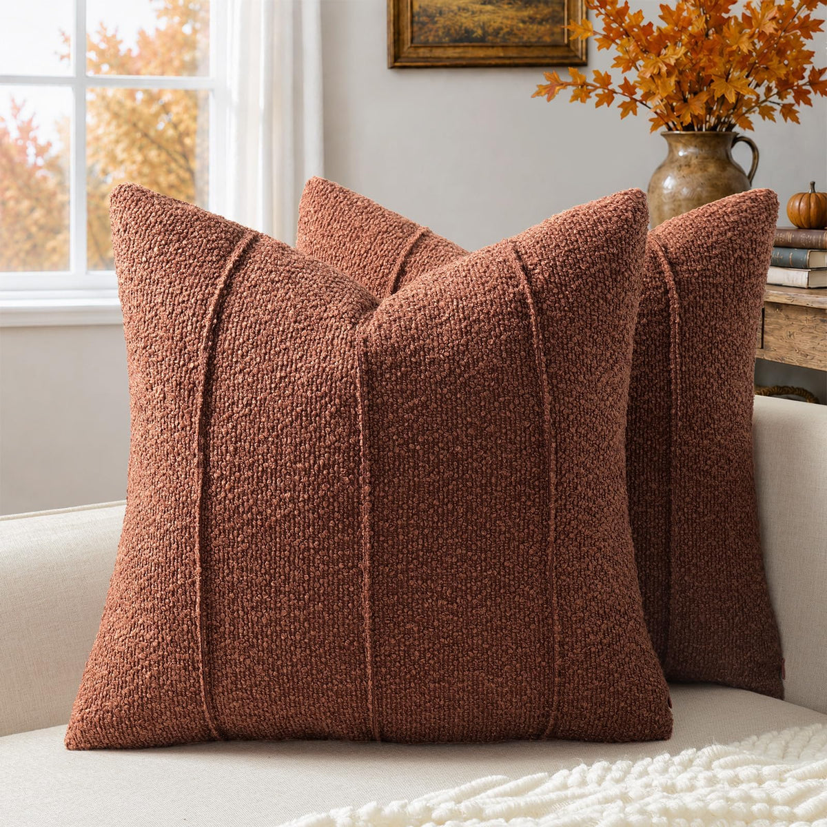 YCOLL Textured Boucle Throw Pillow Covers 20x20 Pack of 2 - Soft Neutral Striped Cushion Covers, Cozy Accent Decorative Pillow Covers for Couch, Sofa, Bed, Living Room (Beige)