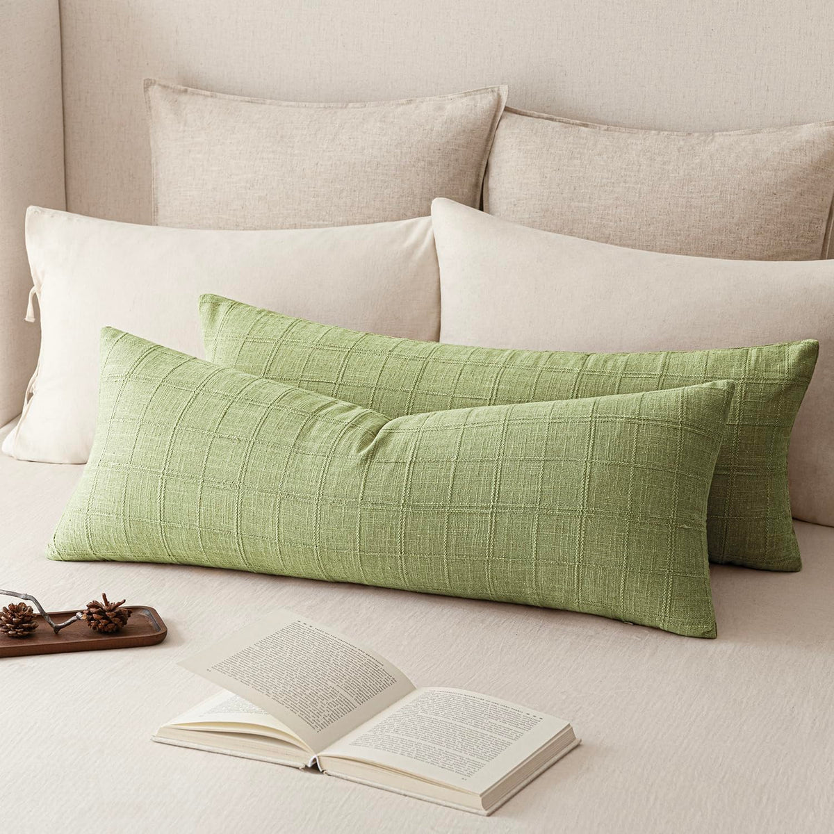 Foindtower Linen Check Decorative Throw Pillow Covers 18×18 Natural Beige