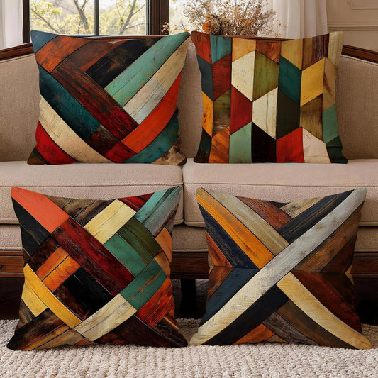 OBSEDE Retro Wood Grain Geometric Throw Pillow Covers 18 x 18 Inch Set of 4