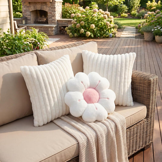 Amyhill Set of 3 Flower Throw Pillow and 18" Plush Cushion Cover Faux Fur, Daisy Home Decorative Pillow 2 Fuzzy Striped Pillowcase Flower Floor Seat Cushion Cover for Sofa Chair Bed(Beige and White)