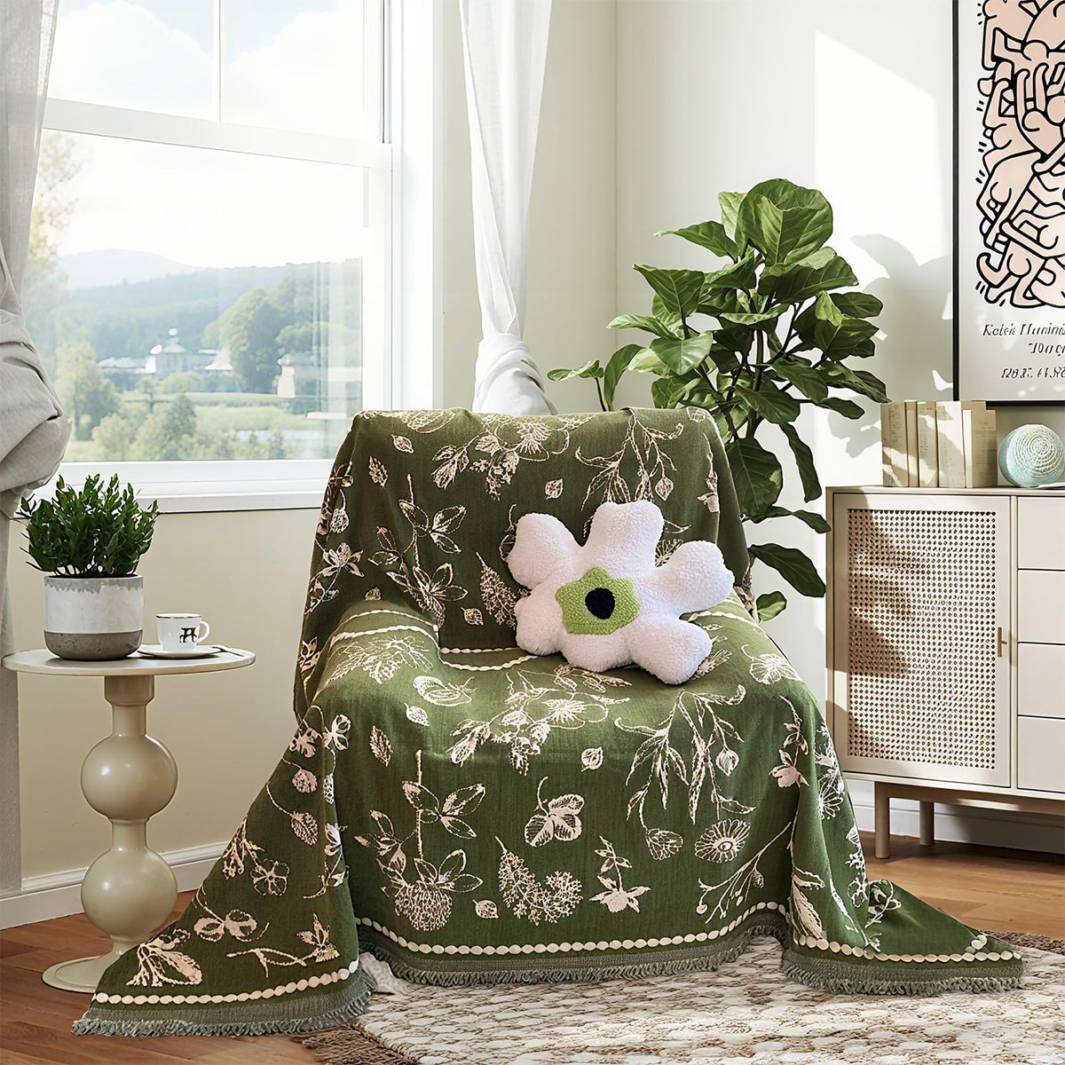DREAMINGO Green Floral Couch Cover Farmhouse Botanical Jacquard Sofa Covers for 2 Cushion Couch Cozy Chenille Living Room Furniture Loveseat Sectional Sofa Slipcovers Washable, Large 71"x118"