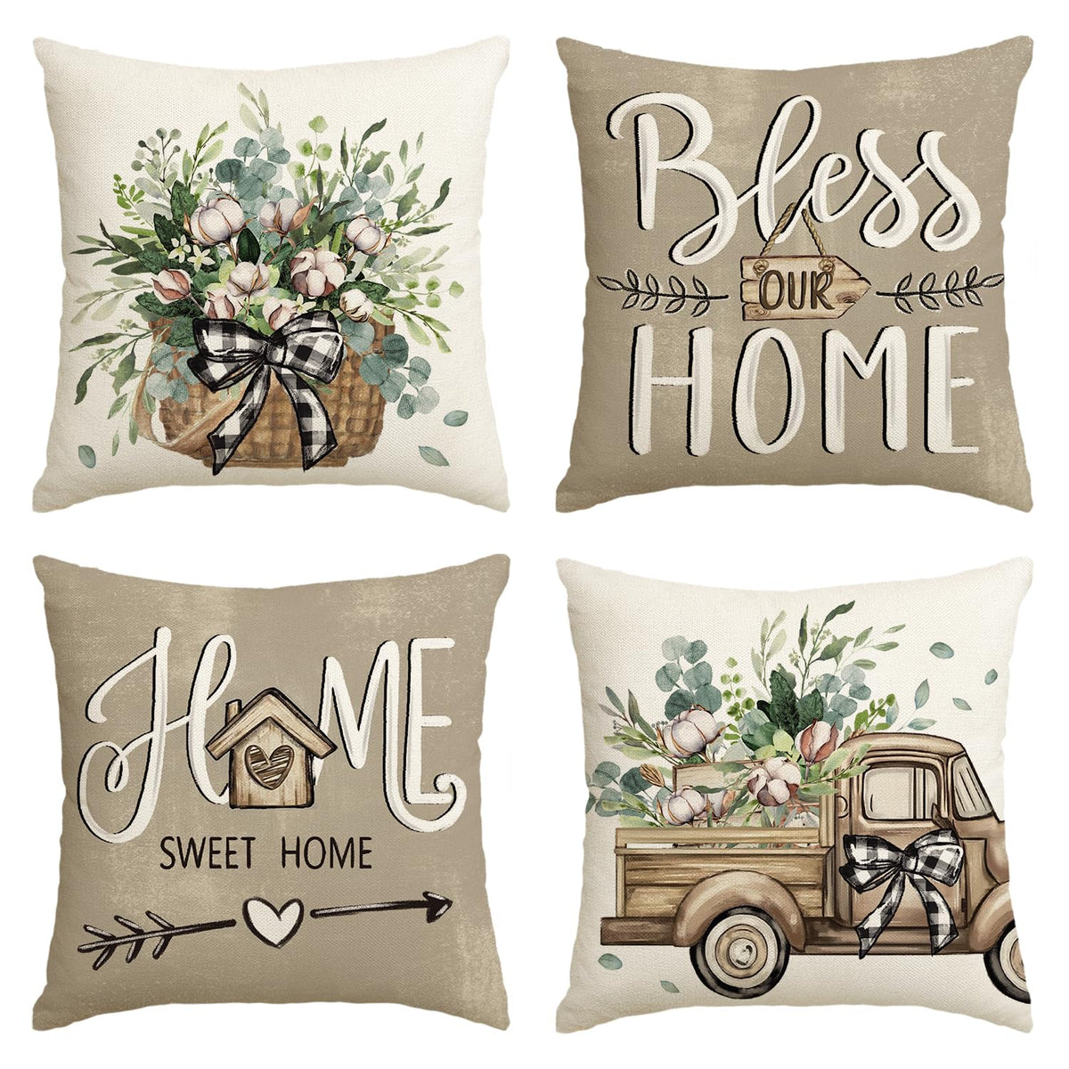 AVOIN colorlife Bless Our Home Eucalyptus Leaves Throw Pillow Covers, 18 x 18 Inch Spring Truck Cushion Case for Home Sofa Couch Set of 4