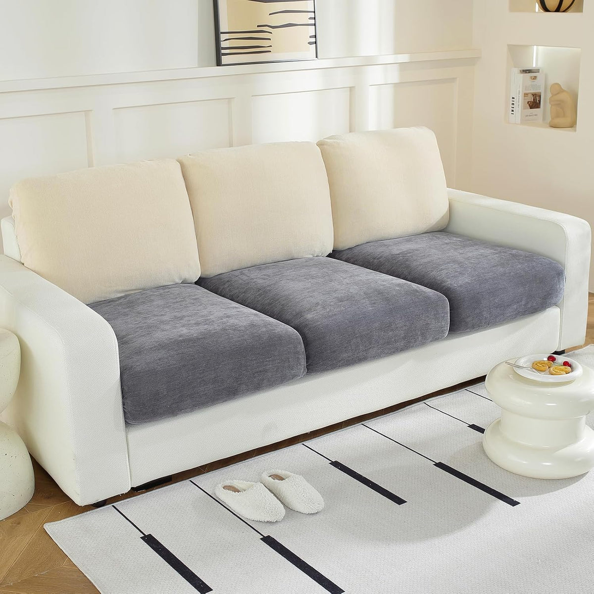 WEYOND Couch Cushion Covers L Shaped Sectional, 3PC Seat Covers, Dark Grey