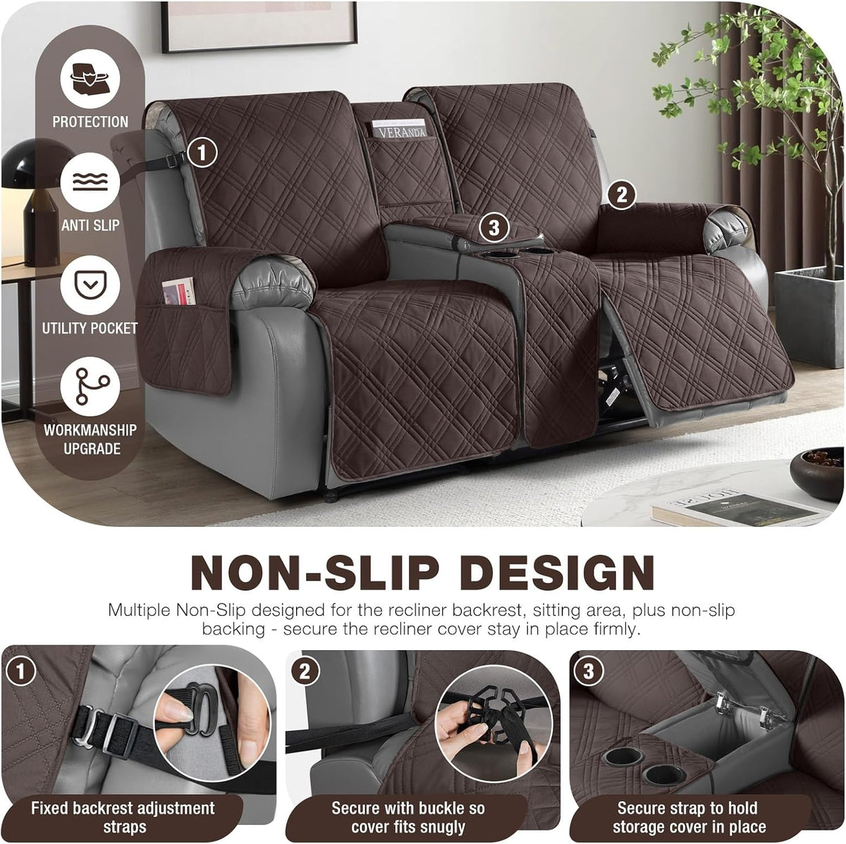 TAOCOCO Loveseat Recliner Cover with Center Console, 100% Waterproof Pet Cover for Dual Recliner with Straps Design, Split Reclining Loveseat Covers Furniture Pet&Kids Protector (2 Seater, Chocolate)