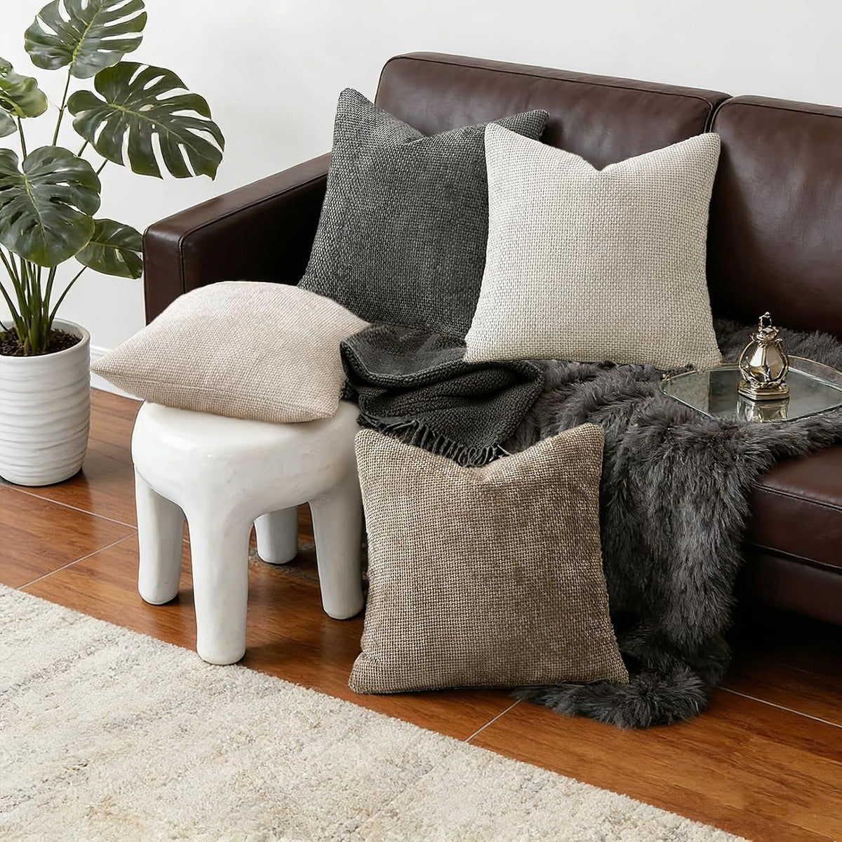 ZONYO Throw Pillow Covers 18x18 Set of 4, Soft Plush Chenille Decorative Fade Resistant Washable Cushion Covers for Couch Sofa Bed, Beige Grey Brown Farmhouse Living Room, Bedroom, Indoor Decor