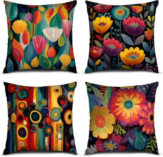 Floral Pillow Covers 18X18 Set of 4, Summer Spring Decorative Cushion Covers, Colorful Flower Throw Pillow Cases, Outdoor Cushion Covers for Home Sofa Bed Couch Outdoor Living Room