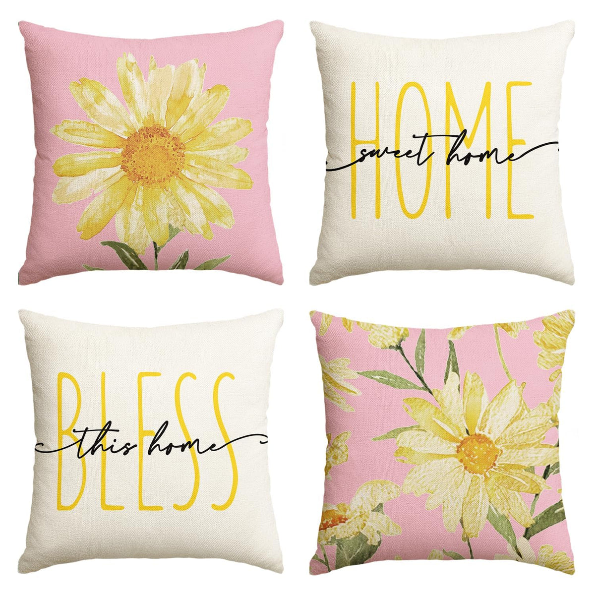 AVOIN colorlife Home Sweet Home Spring Summer Flowers Throw Pillow Covers, 18 x 18 Inch Grey Cushion Case for Sofa Couch Set of 4