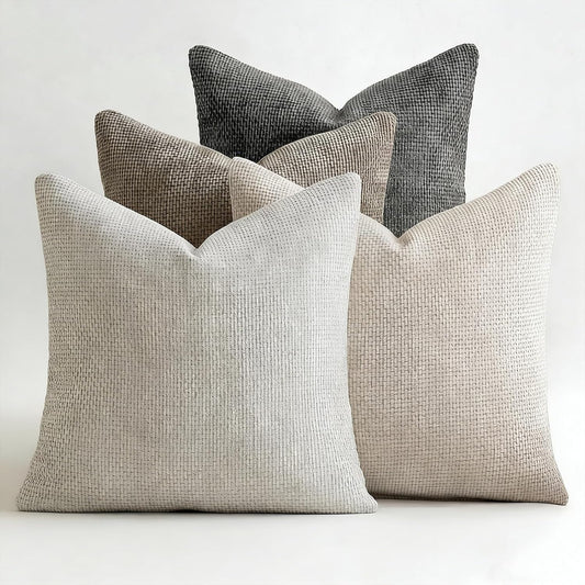 ZONYO Throw Pillow Covers 18x18 Set of 4, Soft Plush Chenille Decorative Fade Resistant Washable Cushion Covers for Couch Sofa Bed, Beige Grey Brown Farmhouse Living Room, Bedroom, Indoor Decor