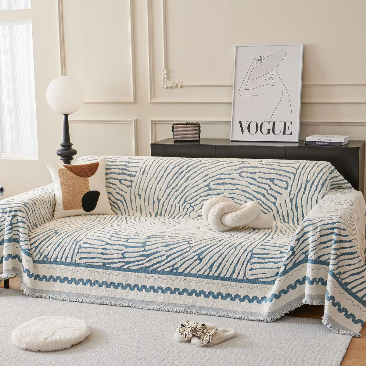 ROOMLIFE Thicked Striped Couch Cover with Tassel Blue Chenille Sofa Cover Blanket for Sectional Sofa, Soft Sofa Slipcovers for L Shaped Love Seat 2-3 Cushion Couch Anti Slip Sofa Protector, 71"x118"