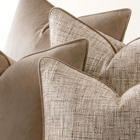 a moment Khaki 4 Pack Throw Pillow Covers - Chenille & Velvet Set with Piping, Farmhouse Textured Design Cushion Cases for Couch Sofa Bed (18x18 Inch, No Insert)