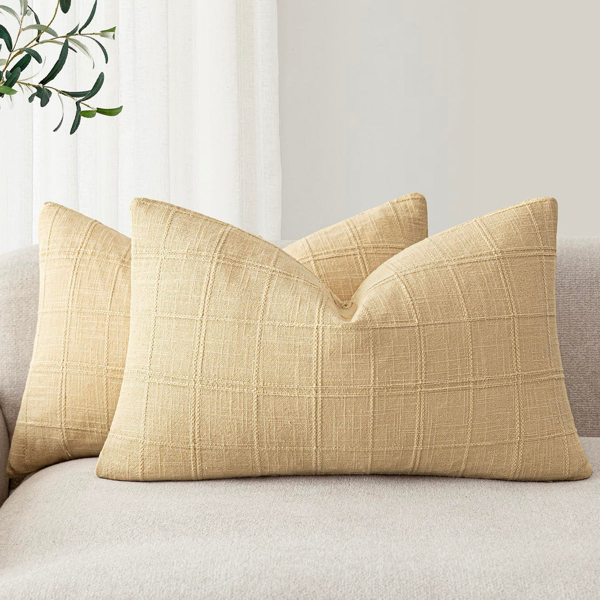 Foindtower Linen Check Decorative Throw Pillow Covers 18×18 Natural Beige