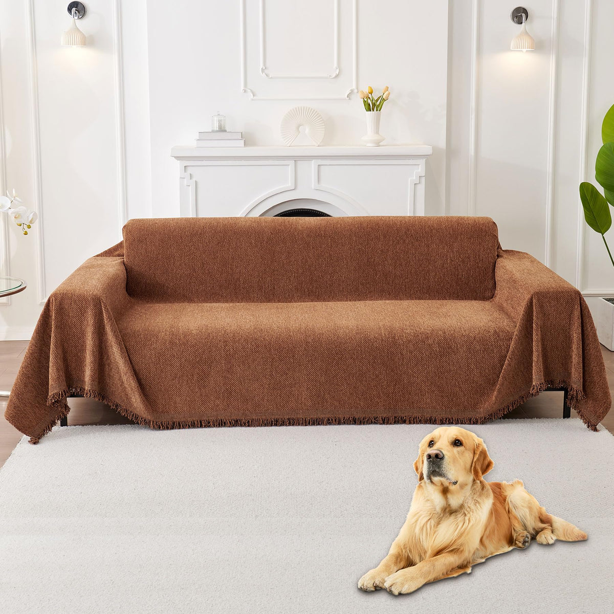 HAOMAIJIA Non Slip couch cover sofa covers for 3 cushion couch Washable sectional couch covers for Dogs pet Furniture Protector Couch Cover Blanket for Living Room (Off white, 91"x150")