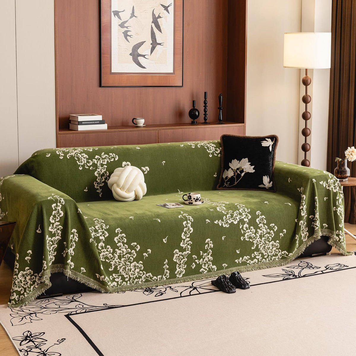 DREAMINGO Green Floral Couch Cover Farmhouse Botanical Jacquard Sofa Covers for 2 Cushion Couch Cozy Chenille Living Room Furniture Loveseat Sectional Sofa Slipcovers Washable, Large 71"x118"