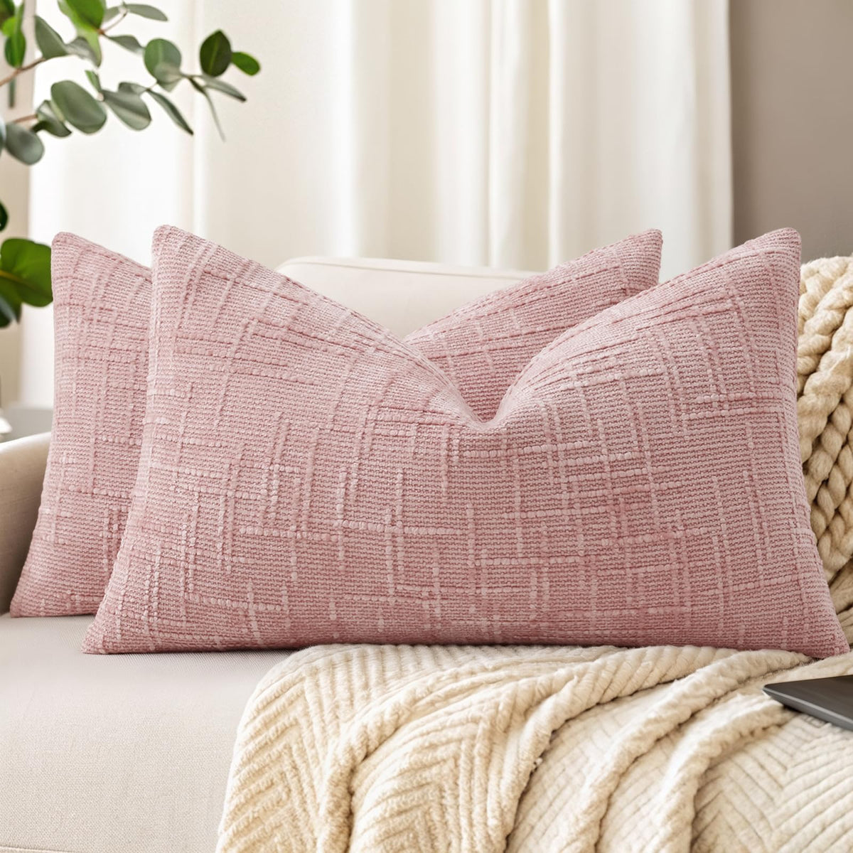 decorUhome Textured Chenille Throw Pillow Covers 18x18 Set of 2 Cream White