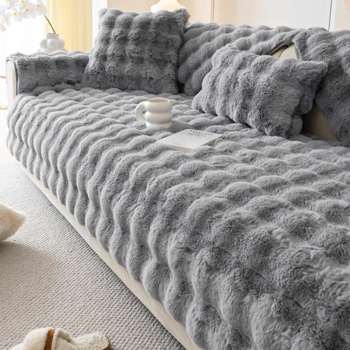 Faux Fur Sofa Cover, Rabbit Plush Couch Cover, Non-Slip Couch Covers Washable, Cosy Plush Sofa Slipcover, Furniture Protector for L Shaped(1pc/ White /36"x70")