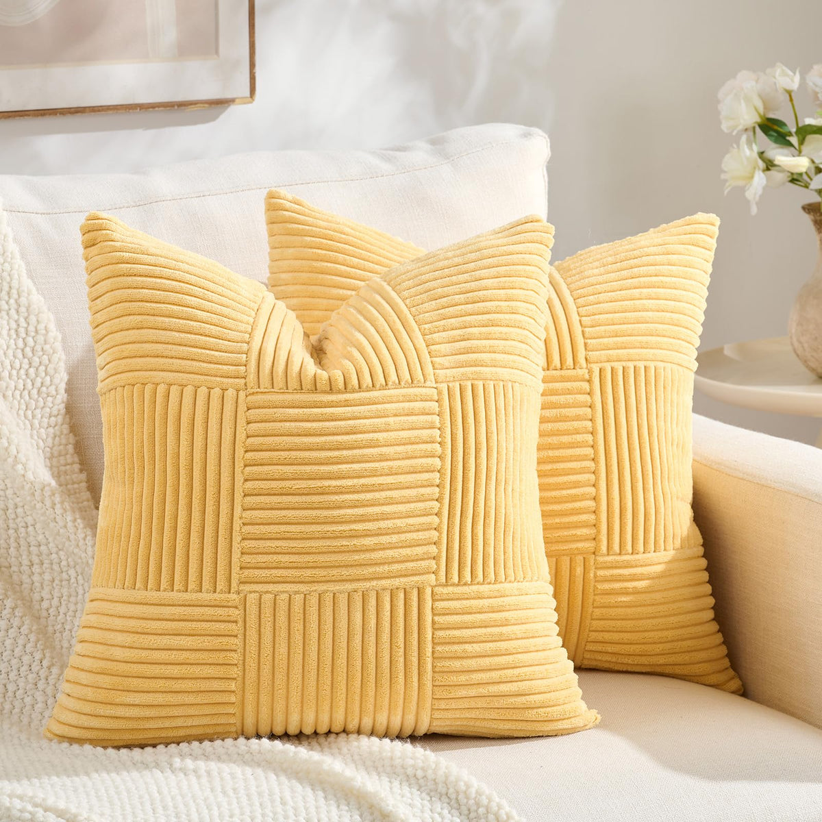 Fancy Homi Set of 2 Dark Gray Boho Decorative Throw Pillow Covers 18x18 Inch for Living Room Bedroom Couch Bed Sofa, Modern Farmhouse Home Decor, Soft Striped Plaid Corduroy Accent Cushion Case