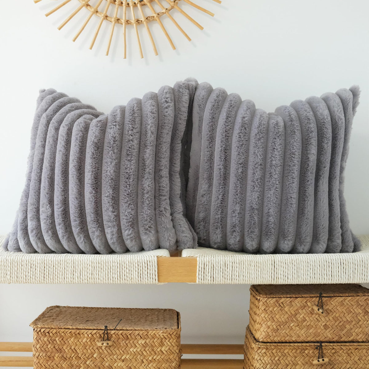JOJUSIS Faux Fur Plush Throw Pillow Covers, Beige, 18 x 18-Inch