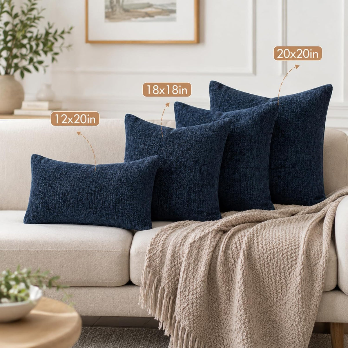 Pack of 2 Chenille Decorative Throw Pillow Covers 18x18 Inch Navy Blue