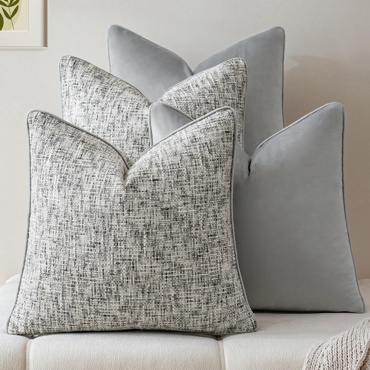 a moment Khaki 4 Pack Throw Pillow Covers - Chenille & Velvet Set with Piping, Farmhouse Textured Design Cushion Cases for Couch Sofa Bed (18x18 Inch, No Insert)