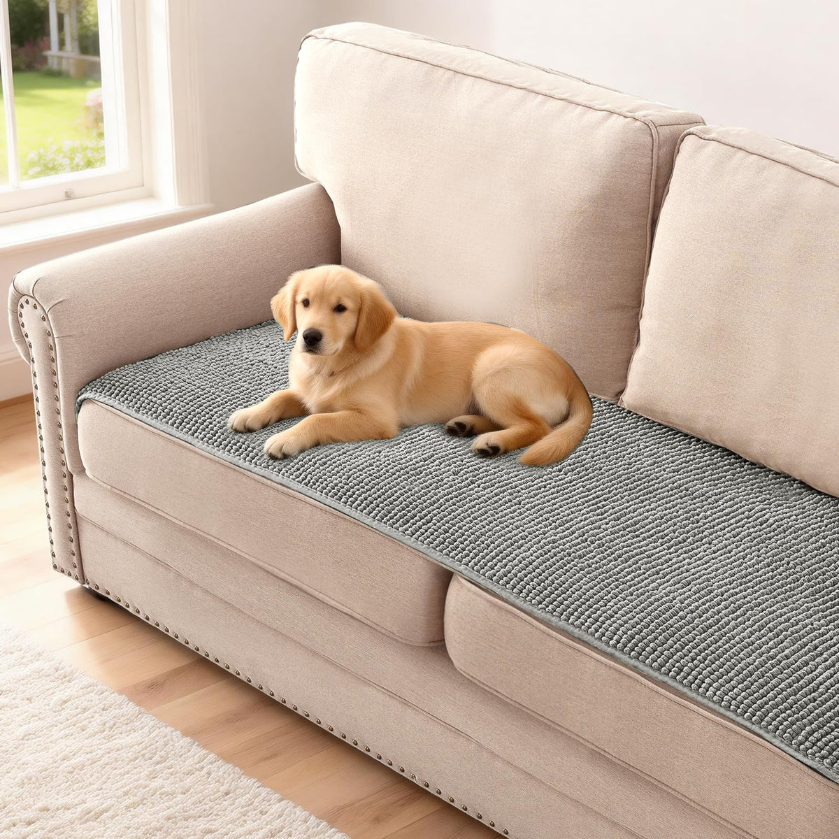 H.VERSAILTEX Plush Chenille Pet Couch Covers for Sofa Thick Soft Sofa Cover for 3 Cushion Couch Anti Slip Couch Cover Furniture Protector for Dog, Pet, Cat (35" x 74", Grey)