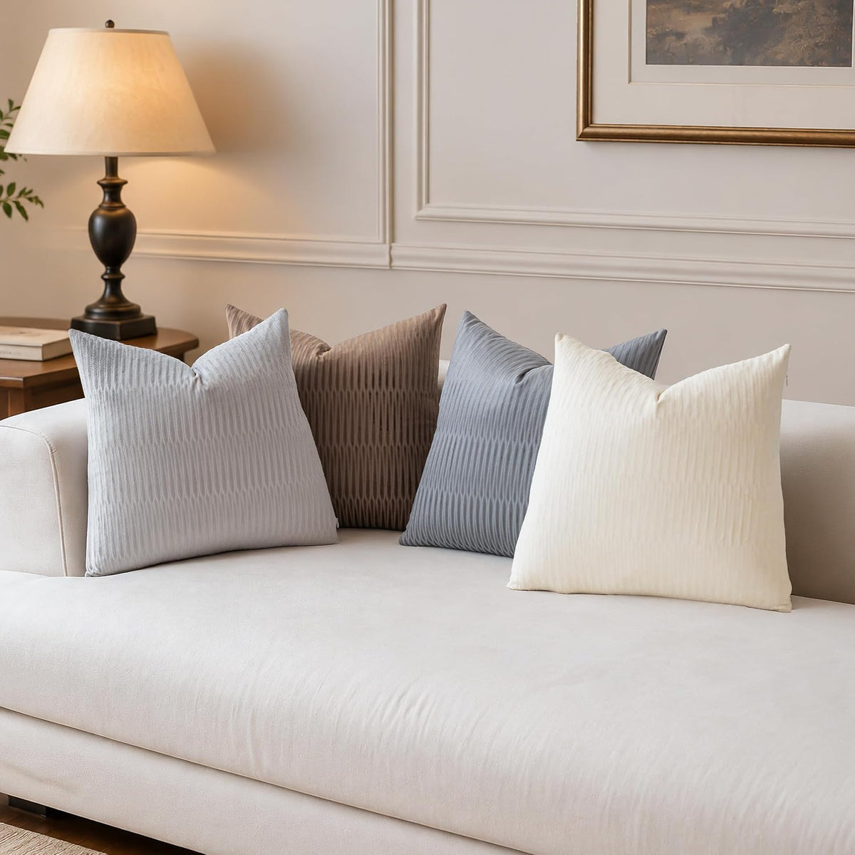 Embossed Velvet Pillow Covers 18x18 Set of 4, Neutral Brown Grey Cream Soft Decorative Throw Pillow Covers, Luxury Textured Cushion Covers for Couch Sofa Bed, Neutral Home Decor