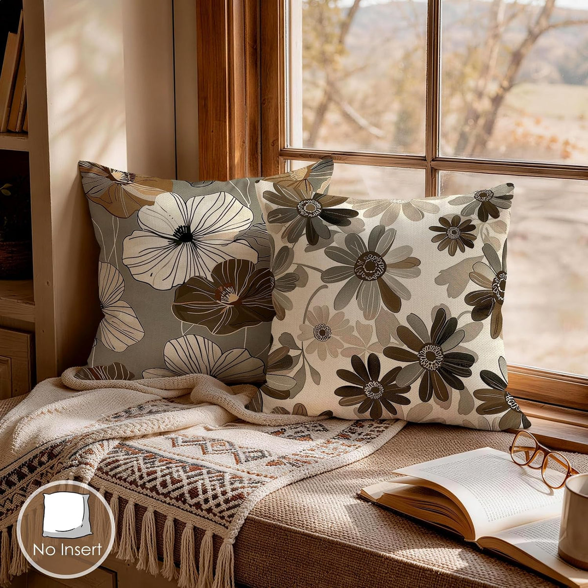 OBSEDE Rustic Neutral Boho Floral Throw Pillow Covers 18x18 Inch Set of 4