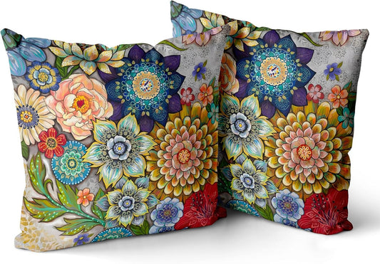Snycler Boho Floral Throw Pillow Covers Set of 2 Colorful Boho Flower Decorative Cushions Pillowcase for Bedroom Sofa Home Decor, 18x18 Inch, Velvet, Short Plush