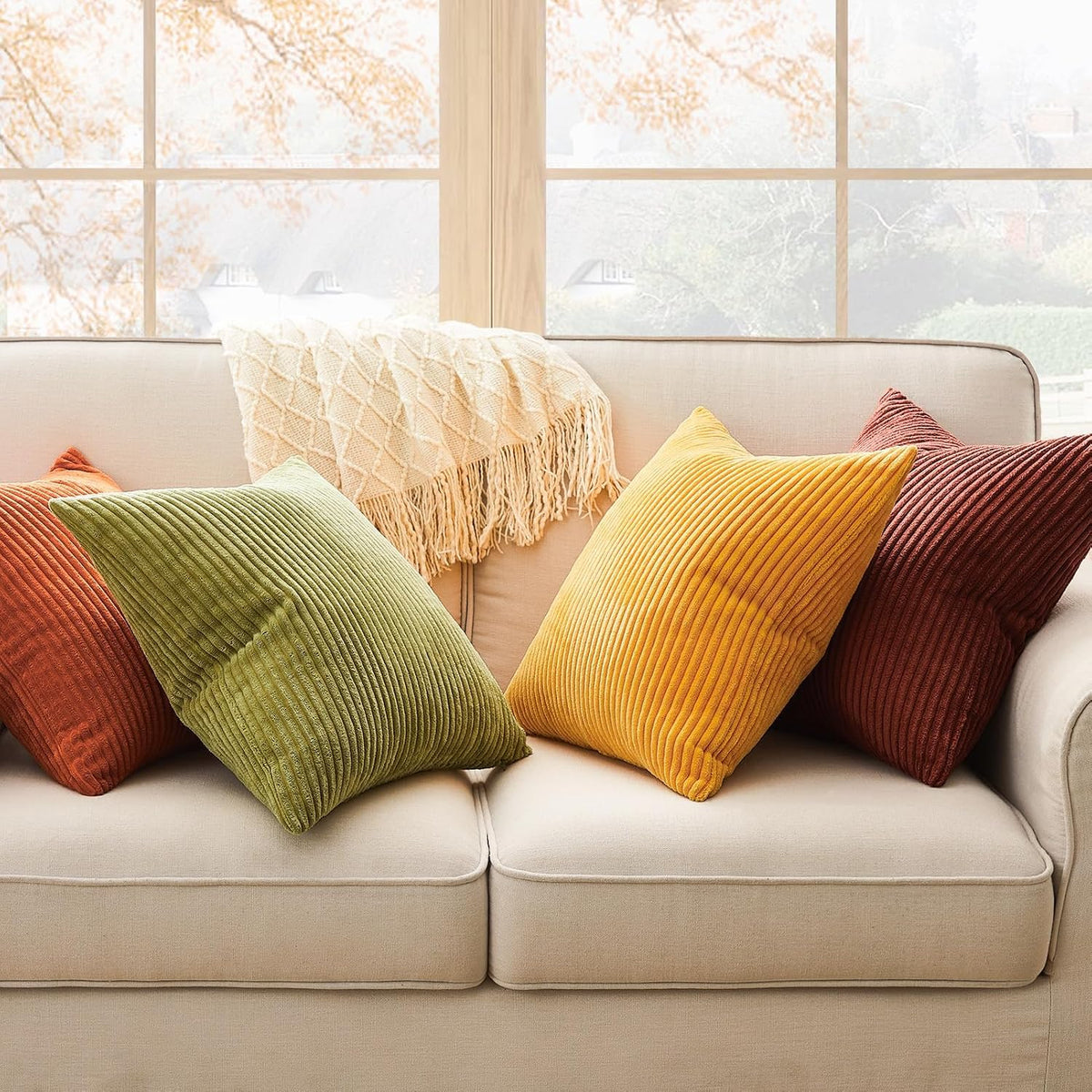 Topfinel Fall Burnt Orange Decorative Throw Pillows Covers 18x18 Inch Set of 4,Yellow Green Gradient Series Corduroy Striped Square Pillow Case,Western Modern Cushion Cover for Couch Sofa Bedroom