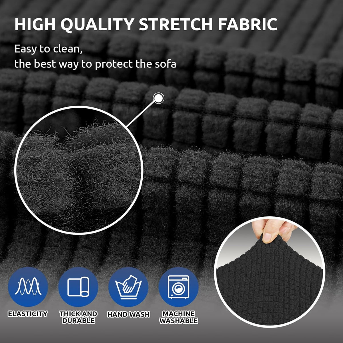 KEKUOU Stretch Couch Covers for Sofa, 3 Cushion Couch Slipcover,Black