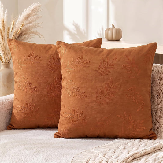 AVOIN colorlife Caramel Jacquard Decorative Throw Pillow Covers Set of 2, 18 x 18 Inch Laurel Leaves Woven Textured Cushion Case Home Decor for Couch Sofa Bed