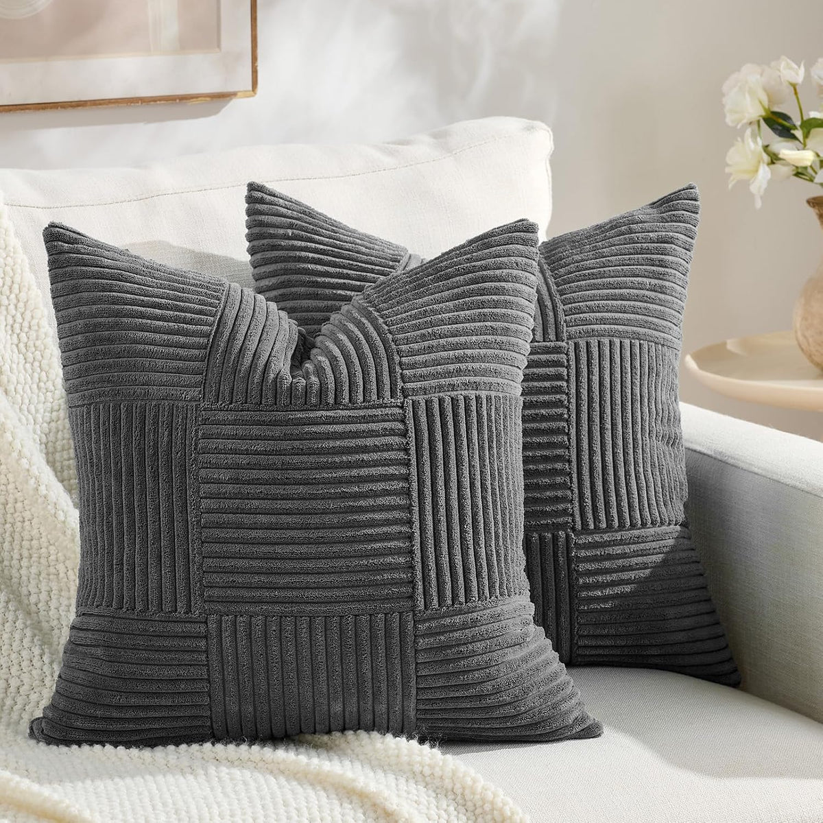 Fancy Homi Set of 2 Dark Gray Boho Decorative Throw Pillow Covers 18x18 Inch for Living Room Bedroom Couch Bed Sofa, Modern Farmhouse Home Decor, Soft Striped Plaid Corduroy Accent Cushion Case