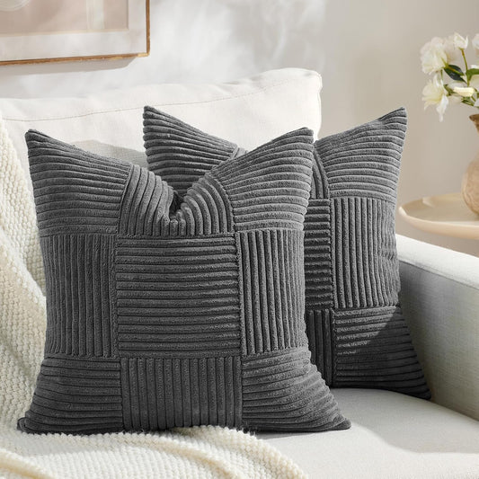 Fancy Homi Set of 2 Dark Gray Boho Decorative Throw Pillow Covers 18x18 Inch for Living Room Bedroom Couch Bed Sofa, Modern Farmhouse Home Decor, Soft Striped Plaid Corduroy Accent Cushion Case