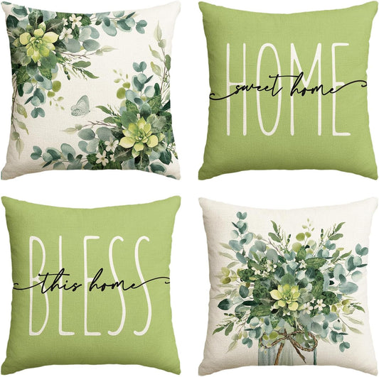 AVOIN Colorlife Home Sweet Home Eucalyptus Leaves Green Throw Pillow Covers, 18x18 Inch Spring Summer Seasonal Decorations Set of 4