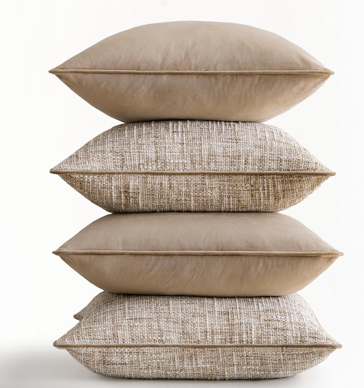 a moment Khaki 4 Pack Throw Pillow Covers - Chenille & Velvet Set with Piping, Farmhouse Textured Design Cushion Cases for Couch Sofa Bed (18x18 Inch, No Insert)