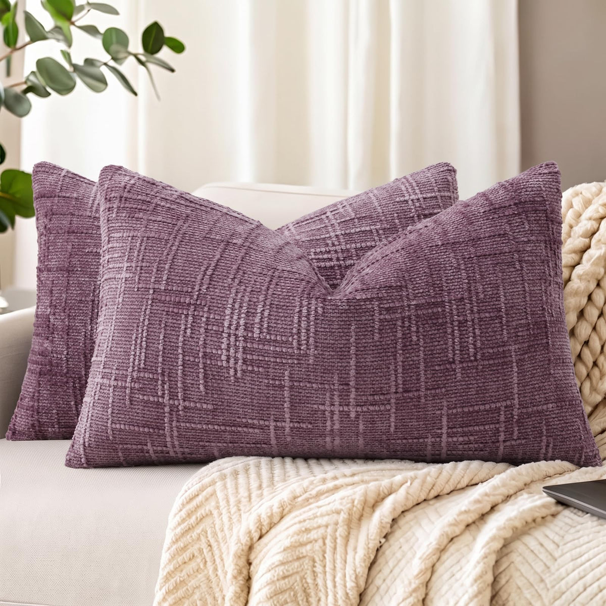 decorUhome Textured Chenille Throw Pillow Covers 18x18 Set of 2 Cream White
